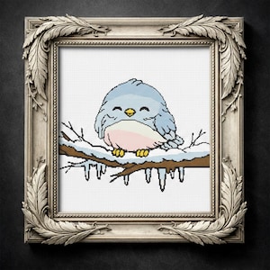Winter Bluebird Cross Stitch Pattern Digital PDF Kawaii Bird Design Snowy Branch Art