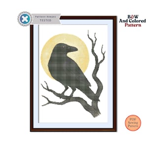 Halloween Raven Cross Stitch Pattern | Witchy Bird, Stained Glass Style (PDF Pattern)