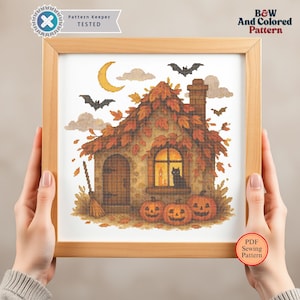 Haunted Cottage Cross Stitch Pattern: Halloween House, Black Cat (PDF Download)