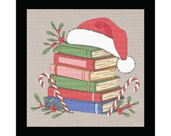May include: A stack of colorful books with a red Santa hat on top. Two candy canes and sprigs of holly with red berries flank the books. The image is set against a textured background and framed in black.