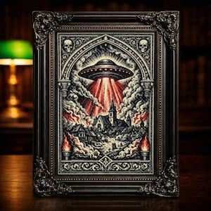 Medieval UFO Alien Abduction Cross Stitch Pattern Digital PDF Gothic Woodcut Art