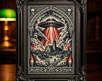 Medieval UFO Alien Abduction Cross Stitch Pattern Digital PDF Gothic Woodcut Art