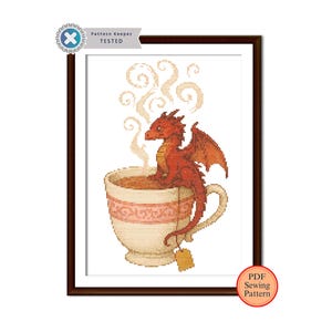 Dragon on Tea Cup Cross Stitch Pattern - Cute Fantasy Embroidery Design, Instant Download PDF, DIY Craft Kit for Adults & Beginners