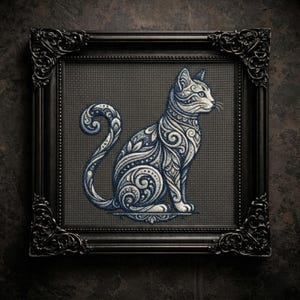 May include: A framed cross-stitch artwork featuring a stylized cat in shades of blue and white. The cat is adorned with intricate floral and swirl patterns. The black frame has ornate detailing, enhancing the artwork's elegance.