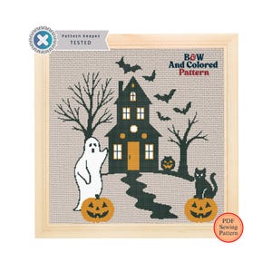 Halloween Haunted House Cross Stitch Pattern: Spooky Village Folk Art PDF Pattern