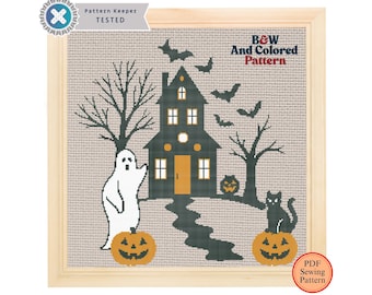 Halloween Haunted House Cross Stitch Pattern: Spooky Village Folk Art PDF Pattern