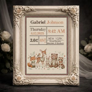 Baby Birth Announcement - Woodland Animals Cross Stitch Pattern PDF - Customizable Sampler Chart