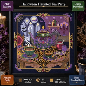 May include: A framed cross-stitch pattern titled "Halloween Haunted Tea Party." The design features a purple teapot and teacups on a table, with a spooky Halloween theme. The pattern is 14.3 x 14.3 inches and includes 200 x 200 stitches and 27 colors.