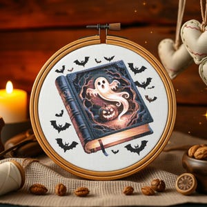 Halloween Spellbook Ghost and Bats Cross Stitch Pattern | Gothic Embroidery (PDF Download)