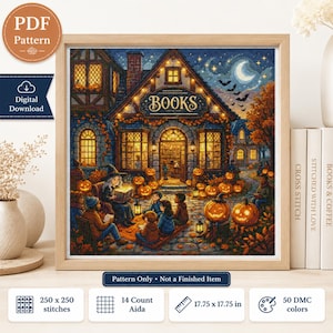 May include: Cross-stitch pattern of a cozy bookstore scene at night, featuring a witch reading to children surrounded by jack-o'-lanterns. The framed artwork measures 17.75 x 17.75 inches and includes the text "BOOKS". The design uses 50 DMC colors.