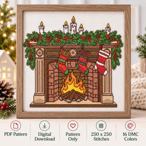 Christmas Fireplace Cross Stitch Pattern PDF: Holiday Mantel Design