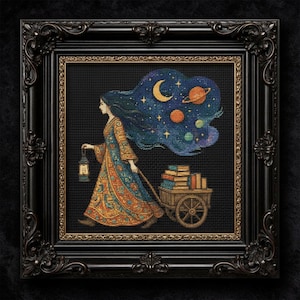 Bookworm Cross Stitch Pattern Digital PDF Galaxy Hair Librarian Dark Academia Design