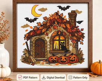 Kreuzstichmuster „Spukhaus“: Halloween-Haus, schwarze Katze (PDF-Download)