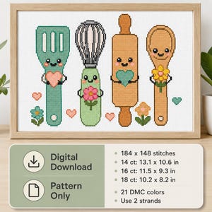 May include: A cross-stitch pattern featuring four anthropomorphic kitchen utensils: a teal spatula, a whisk, a wooden rolling pin, and a wooden spoon, all with smiling faces, hearts, and flowers. Includes text: Digital Download, Pattern Only, 184 x 148 stitches, 14 ct: 13.1 x 10.6 in, 16 ct: 11.5 x 9.3 in, 18 ct: 10.2 x 8.2 in, 21 DMC colors, Use 2 strands.