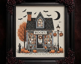 Halloween Haunted Bookstore Cross Stitch Pattern: Spooky Gothic Design (PDF Download)