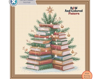 May include: Cross-stitch pattern of a Christmas tree made of books. The tree is decorated with lights and a star on top. The words "B&W And Colored Pattern" are in the upper right corner. The words "Pattern Keeper TESTED" are in the upper left corner.