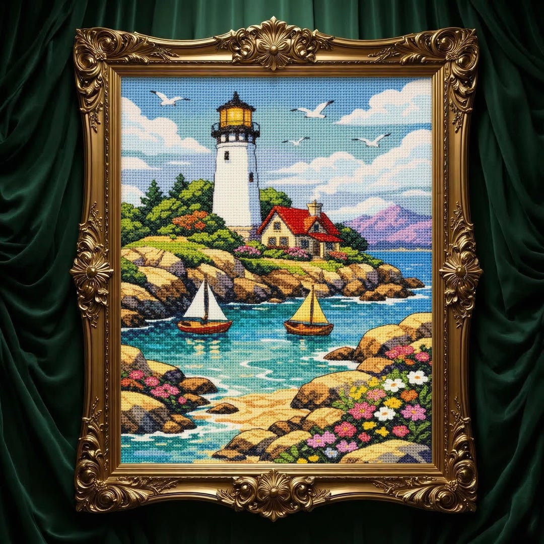Coastal Lighthouse Cross Stitch Pattern Digital PDF Detailed Nautical ...