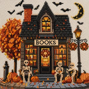 Halloween Haunted Bookstore Cross Stitch Pattern: Spooky Gothic Design (PDF Download) image 3
