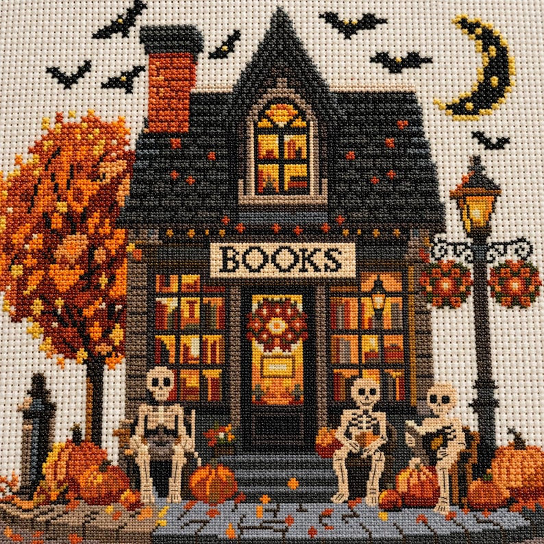 Halloween Haunted Bookstore Cross Stitch Pattern: Spooky Gothic Design (PDF Download) image 3