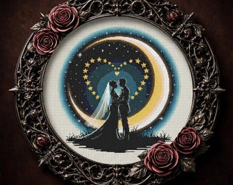 Wedding Couple Silhouette Cross Stitch Pattern | Romantic Wedding Embroidery (PDF Download)