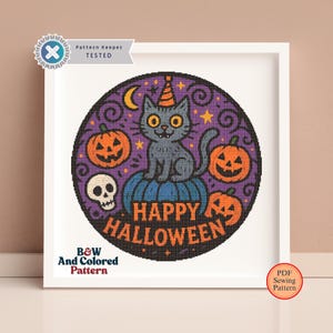 Halloween Cat Cross Stitch Pattern: Spooky Gothic Kitties, Pumpkins, Moon (PDF Chart)