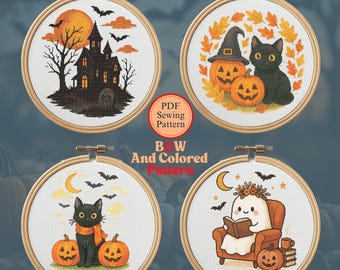 Halloween Cat Cross Stitch Pattern: Haunted Castle, Moon and Ghosts (PDF Design)