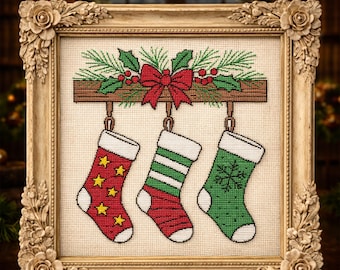Hanging Christmas Stockings Trio Cross Stitch Pattern | Vintage Holiday Decor | Christmas Ornament Embroidery PDF