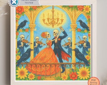 Korsstygnsmönster för skelettdans: Gotisk Halloween-konst (PDF-nedladdning)