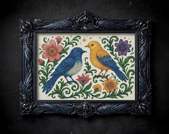 Folk Art Bird & Floral Cross Stitch Pattern: Mexican Digital Art (PDF)