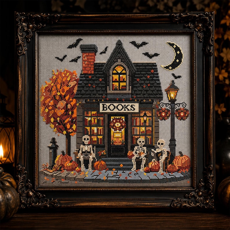 Halloween Haunted Bookstore Cross Stitch Pattern: Spooky Gothic Design (PDF Download) image 2