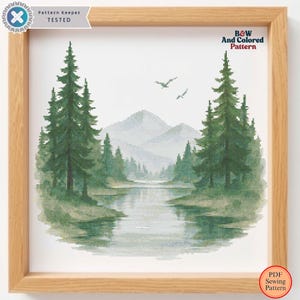 May include: Cross-stitch landscape art featuring a serene lake scene with evergreen trees and mountains in the background. The artwork is framed in a light wood frame. The text "B&W And Colored Pattern" is visible.