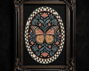 Monarch Butterfly Cross Stitch Pattern: Vintage Gothic Floral Art Digital Download