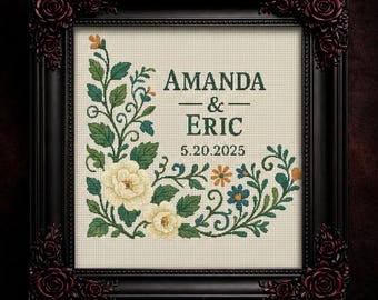 Schema punto croce per matrimonio: arte popolare floreale mistica (download digitale)