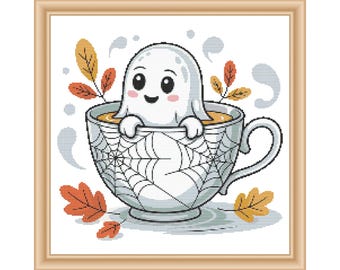 Modèle de point de croix Fantôme dans une tasse | Café effrayant pour Halloween (PDF)