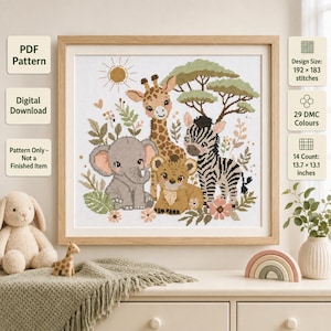 May include: A cross-stitch pattern featuring a baby elephant, giraffe, lion cub, and zebra surrounded by trees and flowers. The design includes text: PDF Pattern, Digital Download, Pattern Only - Not a Finished Item, 192x183 stitches, 29 DMC Colours, 14 Count, 13.7 x 13.1 inches.