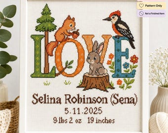 Birth Announcement Cross Stitch Pattern Digital PDF Personalized Woodland Forest Animal Sampler