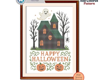 Spooky Sampler Haunted House Pumpkin Mini Cross Stitch Pattern | Halloween Gothic Embroidery PDF