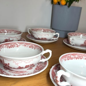 Porcelain Soup bowl, Vintage Soup dish, red Soup cup Olde England Royal Tudor Ware 12 pieces