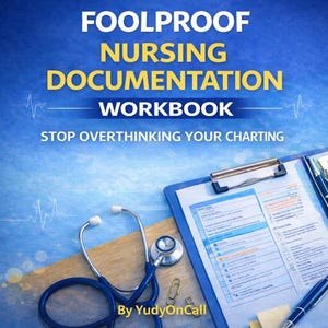 Può includere: Un quaderno di lavoro intitolato "Foolproof Nursing Documentation Workbook" con lo slogan "Stop Overthinking Your Charting". Sono visibili anche uno stetoscopio blu, un appunti, penne e graffette. Il nome dell'autore, "By YudyOnCall", è in basso.