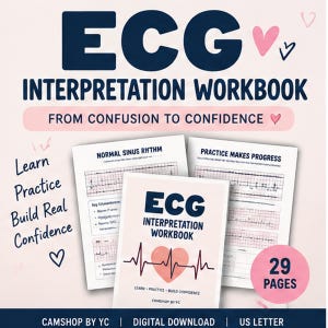 May include: An ECG Interpretation Workbook digital download with 29 pages in US Letter size. The cover features a heart graphic with an ECG rhythm line, the title, and the text Learn Practice Build Confidence. Includes practice sheets.