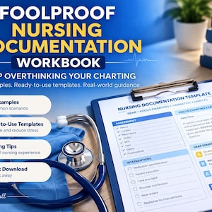 May include: A nursing documentation workbook with a blue cover featuring the title FOOLPROOF NURSING DOCUMENTATION WORKBOOK. The image includes a clipboard with a nursing documentation template, a stethoscope, and medical textbooks.