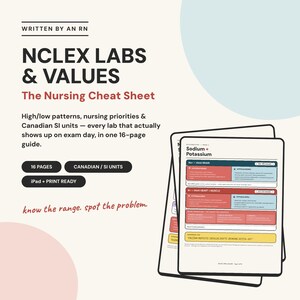 May include: A 16-page nursing study guide titled NCLEX LABS & VALUES The Nursing Cheat Sheet. The document features text about high/low patterns, nursing priorities, and Canadian SI units, with a page showing Sodium and Potassium lab values.