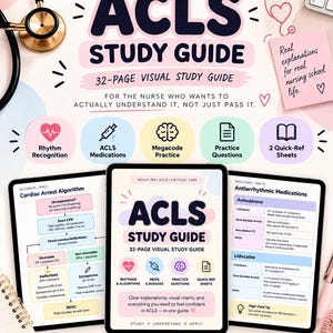 Op de afbeelding: Een 32-pagina tellende ACLS-studiegids met visuele grafieken, algoritmen voor hartstilstand en medicatiereferenties. De gids bevat secties over ritmeherkenning, megacode-oefeningen en snelle referentiebladen.