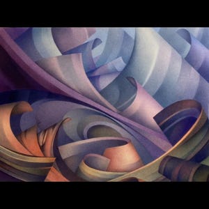 May include: Abstract painting with flowing, ribbon-like forms in shades of blue, purple, and orange. The artwork features a textured appearance and a dynamic composition, creating a sense of movement and depth.