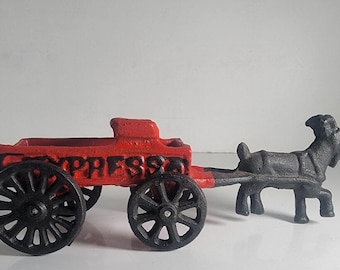 Vintage Cast Iron Express Wagon Cart Pulled By Goat Collectible Toy Red Black