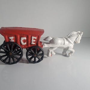 Vintage Cast Iron White Horse Drawn Red Ice Cart Buggy Wagon Toy Antique