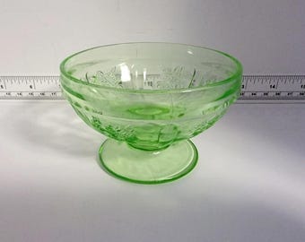 Federal Glass Sharon Cabbage Rose Green Uranium Glass Footed Sherbet.