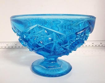 Vintage Aqua Blue Turquoise Cut Glass Bowl on Pedestal.