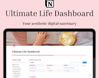Notion Life Dashboard | Soft Pink Planner, Habit & Finance Tracker (Digital Diary)