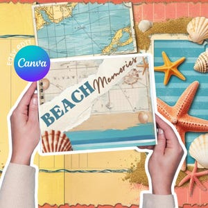 Puede incluir: Un álbum de recortes con una cubierta a rayas azul y blanca y el texto "Beach Memories" en letras marrones. El álbum está abierto para revelar una página con un mapa y una concha.
